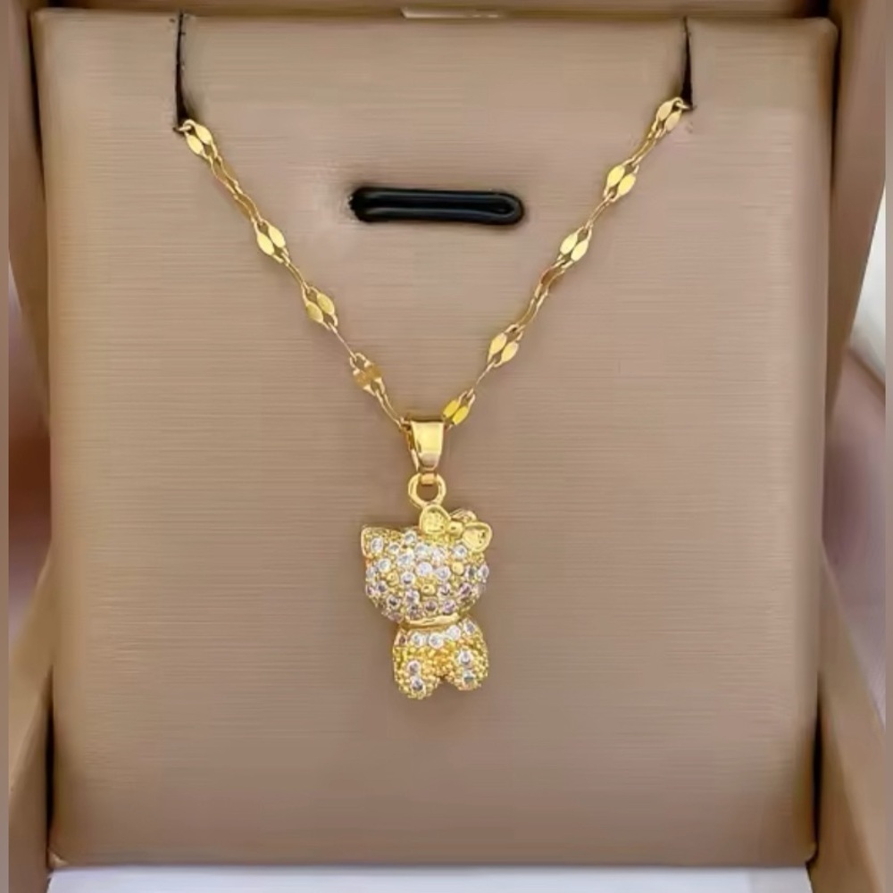 18K Gold 3D Hello Kitty Pave Diamond Inlay Pendant Necklace Sanrio Kawaii Anime